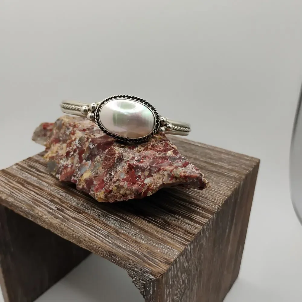 Native American Mother of Pearl and Sterling Silver Cuff - Picture 3 of 8